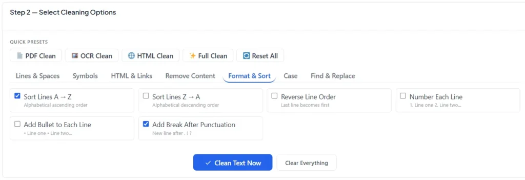 text cleaner fix format and sort