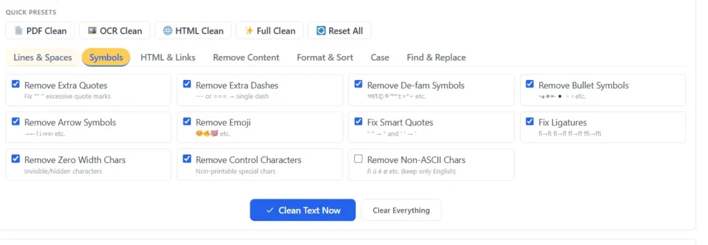 fix symbols in text cleaner
