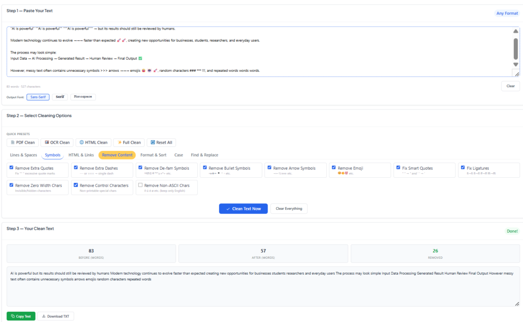 Free text cleaner Online